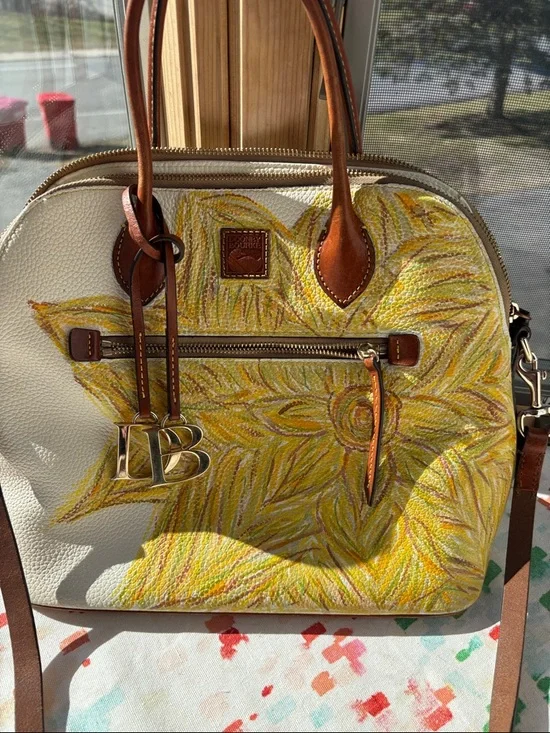 Dooney & Bourke White Leather Satchel with Yellow Floral - Picture 2 of 10